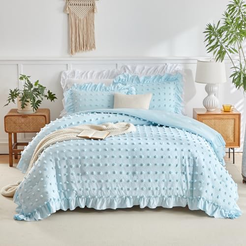 Tufted Dots Ruffle Comforter Set Full/Queen Size, 3 Pieces Blue Ruffled Farmhouse Comforters, Luxury Embroidery Shabby Chic Pom Pom Tufts Boho Bohemian Bedding Set (1 Comforter + 2 Pillowcases)