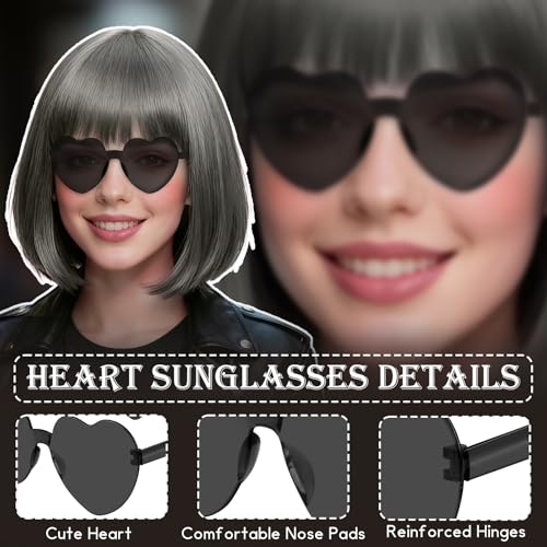 Image of PLULON Dark Gray Short Bob Wig with Bangs for Women, Colorful Neon Short Bob Synthetic Hair Wigs with Hair Cap Heart Sunglasses for Adults Daily Bachelorette Halloween Costume Party Supplies