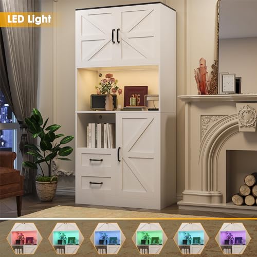 Image of Kitchen Pantry Storage Cabinet with LED Lights and Power Strip, Tall Farmhouse Kitchen Pantry with Barn Doors and Drawers, Adjustable Shelves for Dining Living Room (White)