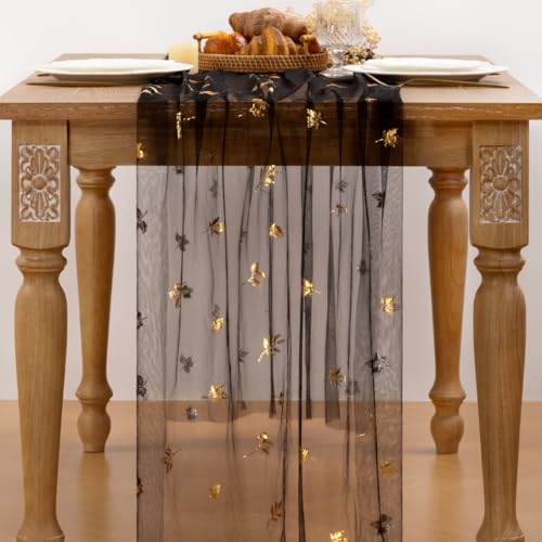 Image of Fall Maple Leaf Table Runner Black Sheer Gauze Foil Table Runner 120 Inch
