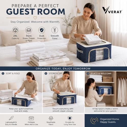 Image of VERAT 4 Pcs 24 Liters Foldable Steel Frame Cloth Organizer with Handle for Storage /Wardrobe Organizer with Zipper /Front & Top Open Almirah Organiser for Sarees /Shirts /Blankets /Clothes Bag-(Blue)