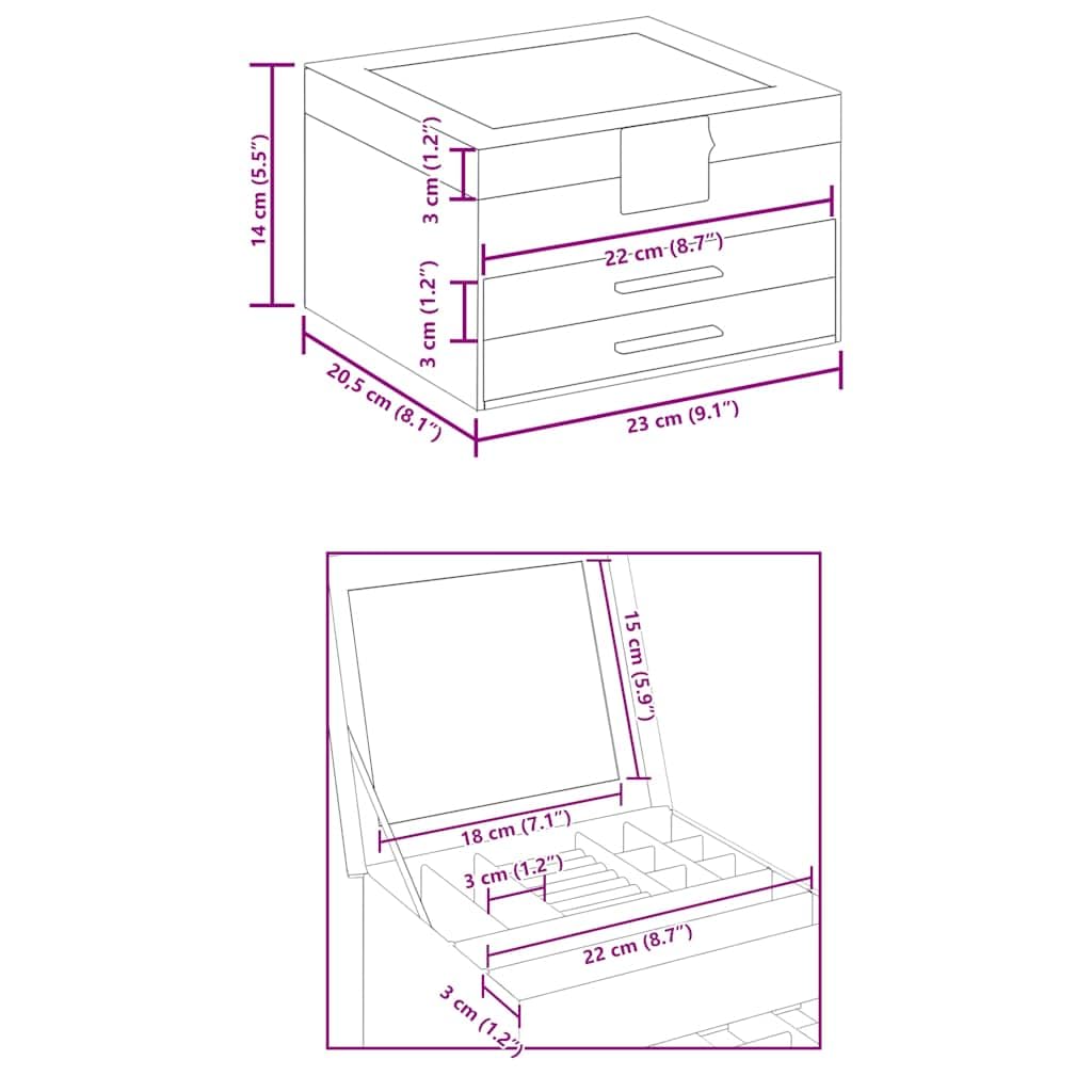 Biała szkatułka na biżuterię z 3 warstwami z poliuretanu i aksamitu, 23 x 20,5 x 14 cm, 2 szuflady, z uchwytem na pierścionki i przegródkami na kolczyki, łańcuszki, bransoletki, toaletkę i