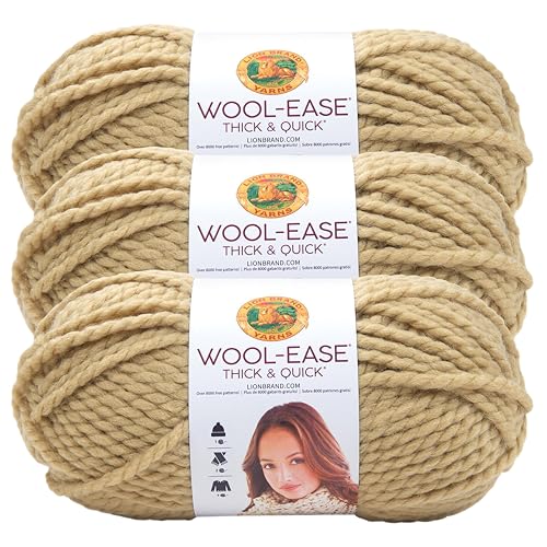 Image of Lion Brand Yarn, Wool-Ease Thick & Quick Yarn, Peanut, Tan Brown, 3 Pack