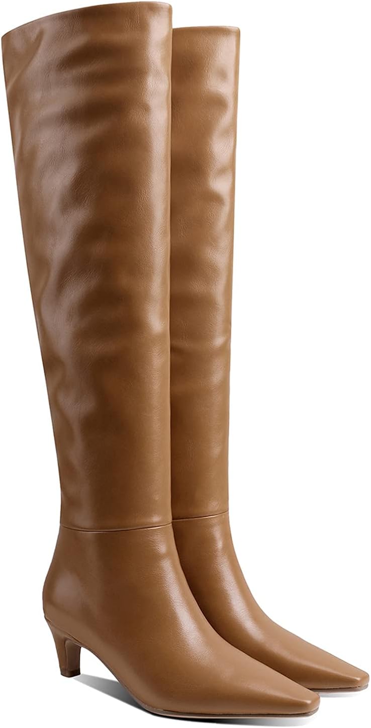 Women's Stylish Square Toe Matte Leather Slip On Autumn Winter Wide Calf Comfort Slouch Low Kitten Heel Dress Over The Knee High Boots Brown Size 9