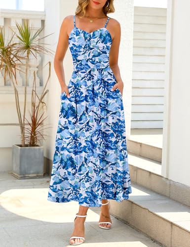Image of Annebouti Women 2026 Summer Spring Ruched Maxi Dress Adjustable Spaghetti Strap Floral Beach Long Sundress with Pockets