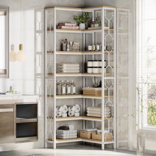 Image of Tribesigns Corner Shelf, 7-Tier Industrial Corner Bookshelf, Wood and Metal Corner Etagere Bookcase, Freestanding Display Shelf for Living Room, Kitchen, Home Office, White and Walnut