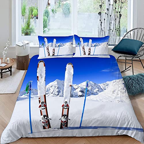 MOUPL 3D Housse de Couette Hiver Montagnes Ski 240x260 cm Adulte Garçon Fille 2 Personnes avec Fermeture Éclair Ultra Doux Polyester Parure de Lit 3 Pièces avec 2 Taies d'oreiller 65x65 Cover