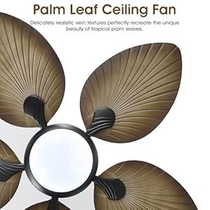 Tropical Ceiling Fans with Lights 44 Inch Indoor Outdoor Palm Leaf Ceiling Fan for Patios Porch Bedroom RemoteAPP Control Dimmable 6 Speeds Reversible Wood Grain