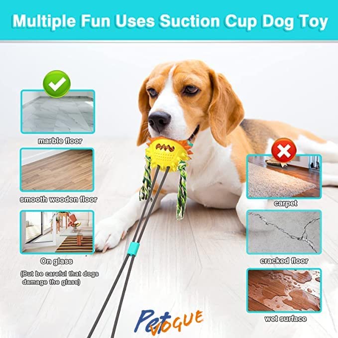 Image of PetVogue Interactive Dog Toy Include a tug-of-war Rope with a Teeth-Cleaning Ball a Suction Cup Dog chew Toy for Aggressive chewers a Treat-Dispensing Squeaky Dog Toy with Self-Playing (Blue, Yellow)