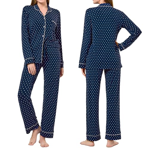 SNOW TOUCH Women's Pajamas Sets 2 Piece Womens Long Sleeve Pajama Sets Tencel Rayon Cotton Pj Sets for Women Navy L
