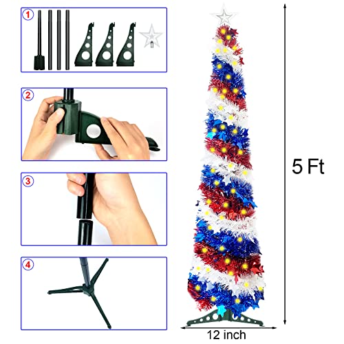 5Ft Pop Up Christmas Tree 4Th Of July Patriotic Decorations Tree With 100 Lights, Artificial Collapsible Star Sequins Christmas Tree For Indoor Outdoor Independence Day Patriotic Party Decorations #TOP3