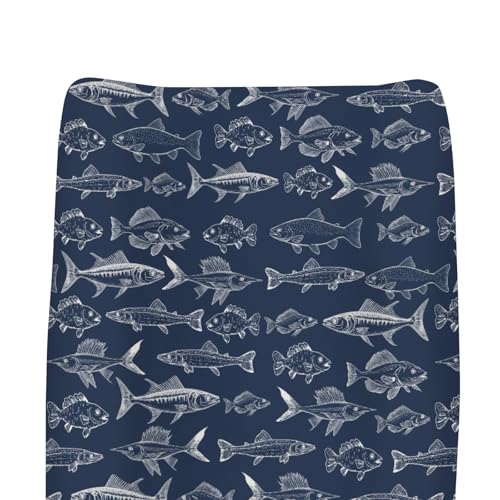 Navy Freshwater Fish Changing Pad Covers for Baby Girls Boys Bass Carp Trout Salmon Lake Fitted Change Table Pad Covers Mats Fishing Lovers Gift Soft Diaper Changing Table Sheets 32''×16''