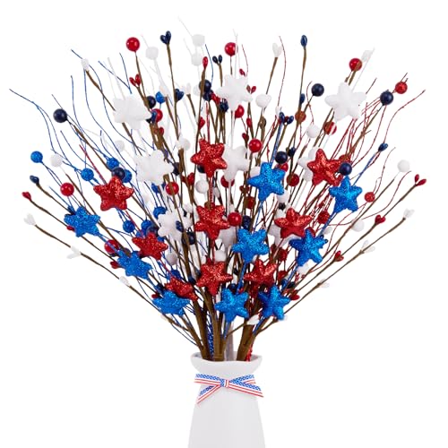 Worthyeah 6 Pack 4th of July Patriotic Artificial Berry Stem Picks Red White and Blue Stars Flowers Decoration for Independence Day Pentagram Faux Berry Branches for Home Office Restaurant Vase Decor