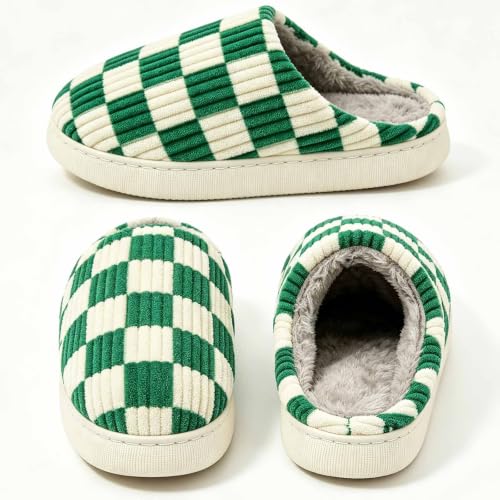 Image of Checkered Slippers for Women and Men - Fuzzy House Slippers with Memory Foam, Comfy Plush Fluffy Indoor House Shoes, Cozy Warm Slip on Bedroom Slippers with Non-Slip Sole