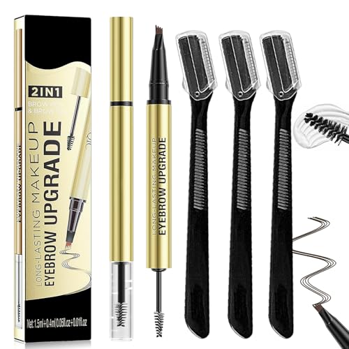 Culinavog 2 In1 Augenbrauenstift mit Gel, Brauenstift und Brauenversiegelungsgel, Augenbrauenstift Mit 4-Zinken-Micro-Gabelspitzen, 3 Augenbrauenrasierer für Aglichen Gebrauch, Reiseset (Dunkelbraun)