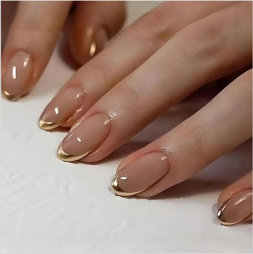 FWS Artificial fake Press On Nails Art Set (Set Of 20) Reusable Nails Extension,BridalNails,Stick-On Nails,Manicure Art Set, AcrylicNails,False Nails,DesignerNails | Nail Glue, Nail file, cuticle pusher, cleaning wipe | Glossy Nude Golden Chrome French Shape Oval-image-46