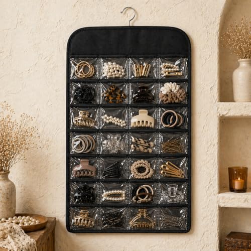 Image of Non-Woven Hanging Jewellery Organizer Storage Bag | Multipurpose Vanity Kit for Necklaces, Earrings, Chains, Watches, Pendants, Cosmetics & Accessories | Travel & Home Use - Black