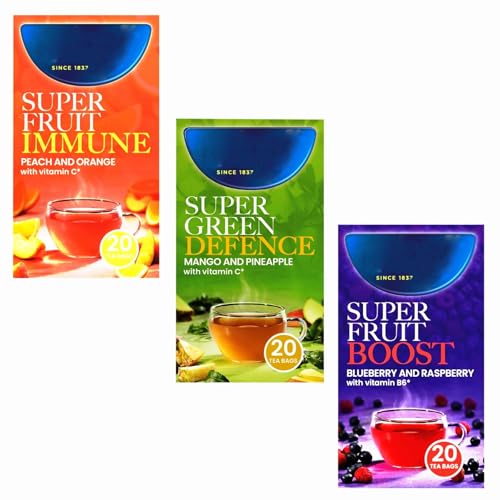 Herbal & Fruit Tea Bags Wellness Variety Bundle – 60 Bags (3 x 20) with Tetley Super Fruits Boost, Super Green Defence & Super Fruits Immune Blends - Delicious Selection for Detox and Wellbeing Herbal & Fruit Tea Bags Wellness Variety Bundle – 60 Bags (3 x 20) with Tetley Super Fruits Boost, Super Green Defence & Super Fruits Immune Blends - Delicious Selection for Detox and Wellbeing