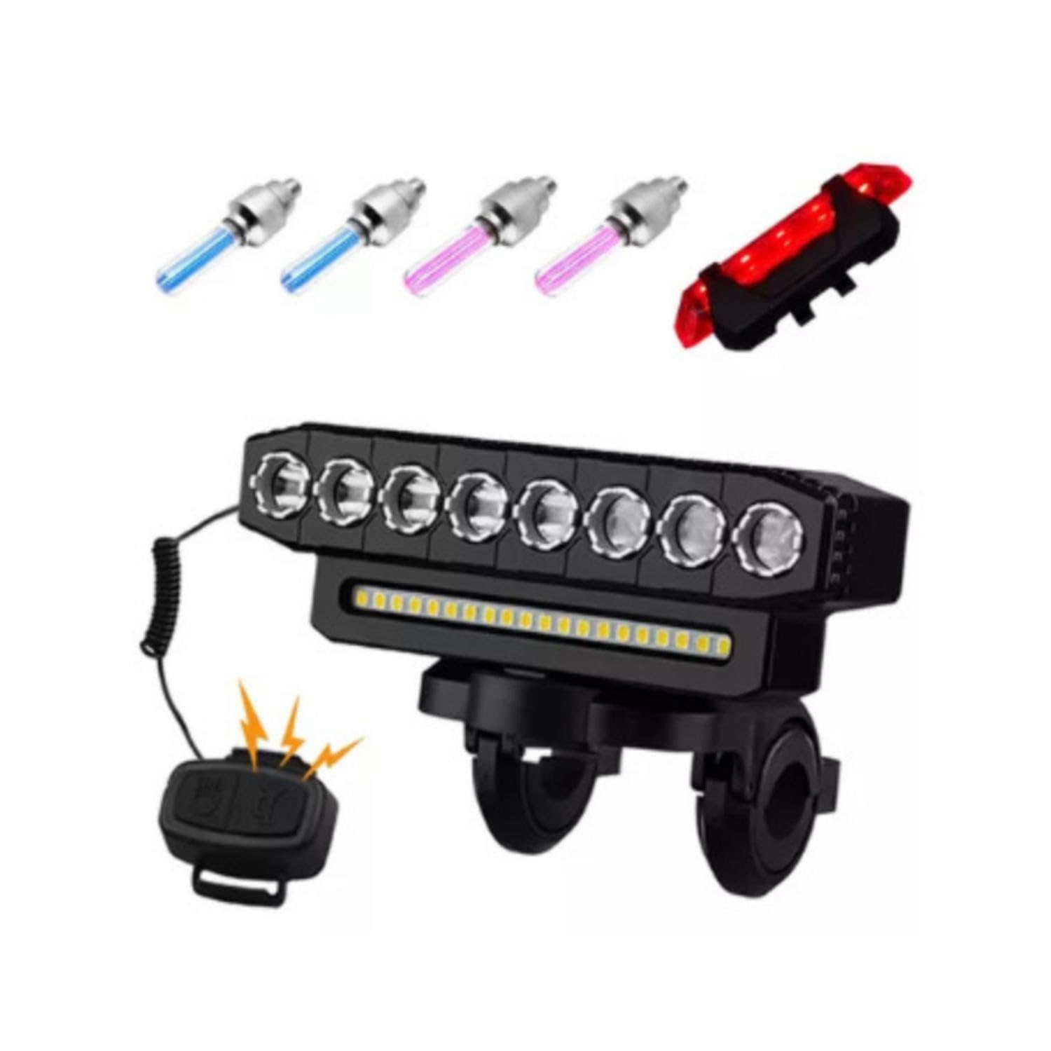 Set di Luci per Bici Ricaricabili con 11 Modalità Illuminazione Funzione Bank da 4000mAh Campana 130dB IP65 Perline LED Ultra Luminose Ciclismo e Attività