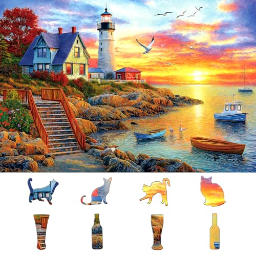 Image of Lighthouse Sunset 500 Piece Puzzles for Adults Colorful Coastal Scene with Boats Jigsaw Puzzles 500 Pieces Seaside Landscape Family Puzzle Challenging Family Puzzle Games Gift for Adults (21 inchx15 inch)