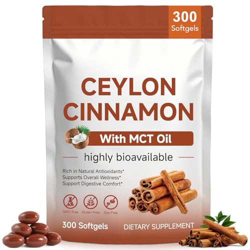 ZXJQLOS Ceylon Cinnamon Softgels with MCT Oil 300 Softgels | Easy Absorption Supports Digestive Comfort & Overall Wellness Non-GMO Gluten Free Soy Free