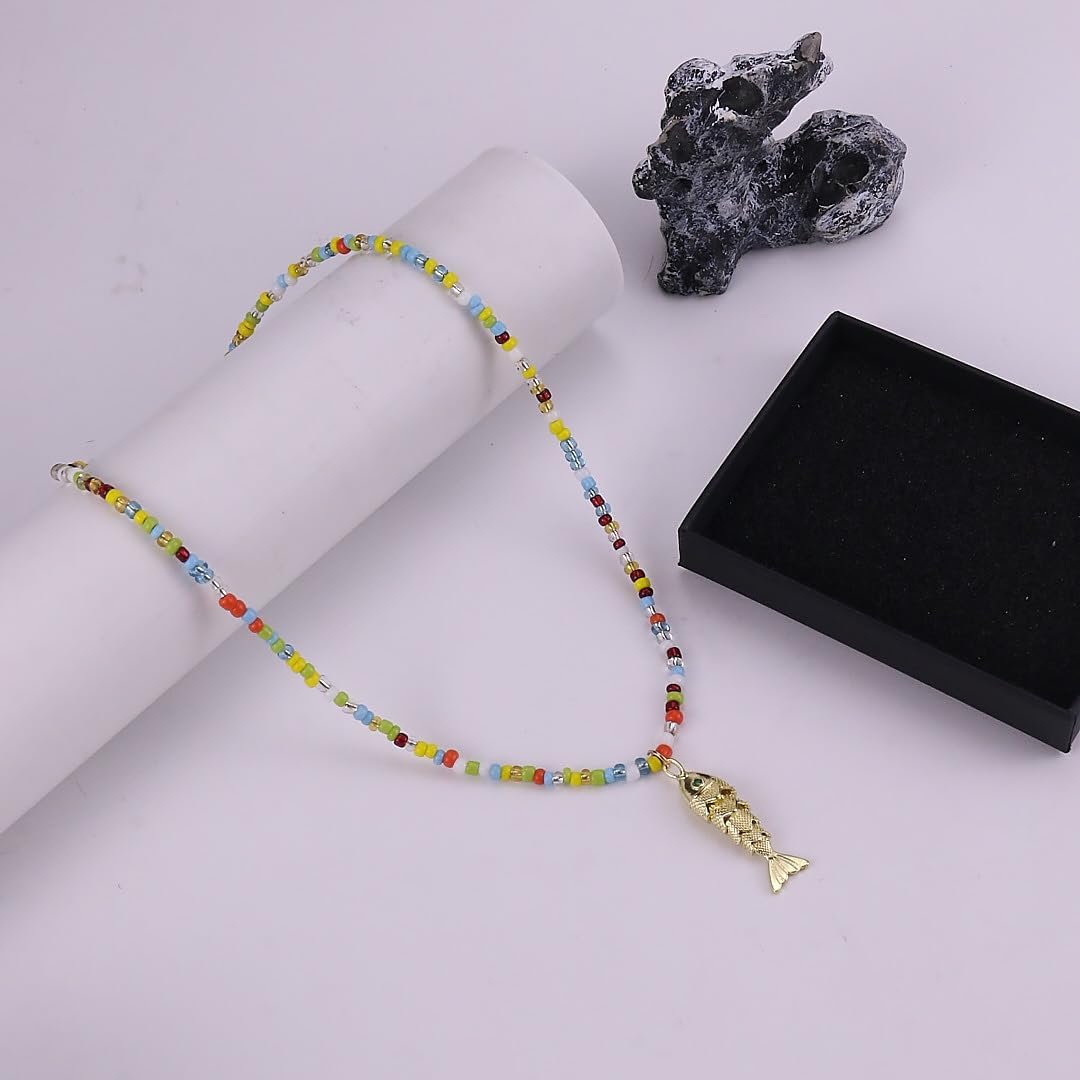 Gold Fish Necklace for Women Fish Pendant Necklaces Boho Colored Beaded Necklace Beach Charm Necklaces Summer Beach Mermaid Jewelry Gifts - Image 4