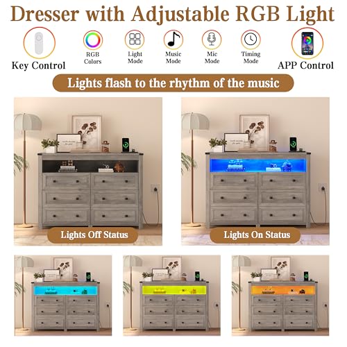 Image of Wodeer Grey Dresser 6 Drawer Dressers for Bedroom with LED Lights, Charging Station, Wood Chest of Drawers with Metal Handles, Modern TV Stand Storage Cabinet for Living Room, Hallway, Entryway, Gray
