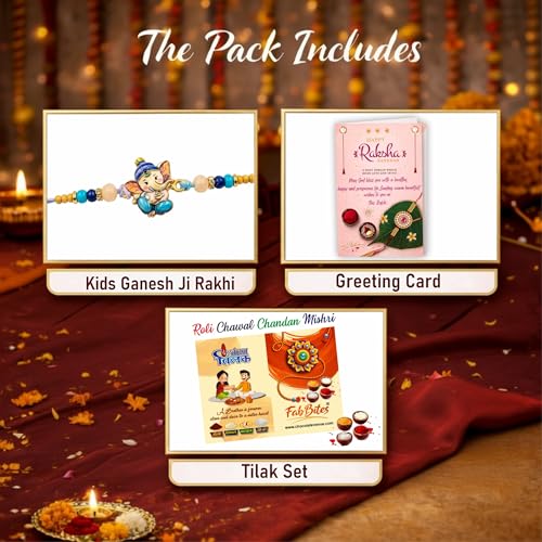 Image of Single Rakhi for Kids - Adorable Elegant Ganesh Ji for Kids Brother | Premium Raksha Bandhan Rakhi for Little /Small /Younger Brother | Set of 1 with Greeting Card, Roli & Tikka Pack