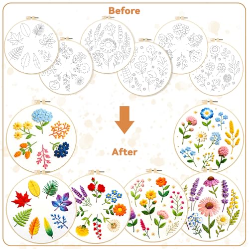 Image of BEUNITONE 6 Pack Beginner Embroidery Kit for Adults, Simple Floral Plants Pre-Stamped Pattern Starter Needlepoint Kits with Hoops & Instruction, Hand Embroidery Kits for Fabric and Home Decor 7.9x7.9