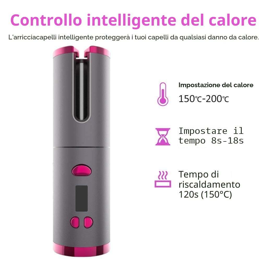EMEBAY Ferro Arricciacapelli Automatico Senza Fili con Batteria Ricaricabile 4000mAh, Bigodino Anti-Ustioni con Timer, 6 Temperature Regolabili per Capelli Lunghi e Corti, Display LCD, Portatile
