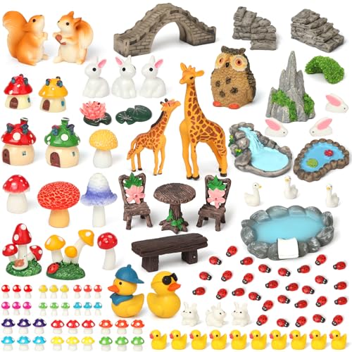 84 Pcs Fairy Garden Accessories Mini Garden Accessories Mini Resin Animals Mushroom Squirrel Duck Rabbit Bridge Pond Owl Micro Landscape Ornaments Kit for DIY Garden Dollhouse Terrarium Succulent