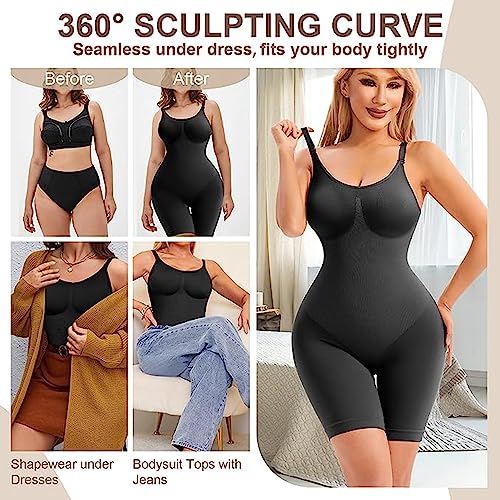 Image of Waist Trainer Bodysuit for Women Tummy Control Shapewear Round Neck Seamless Butt Lifter Full Body Shaper