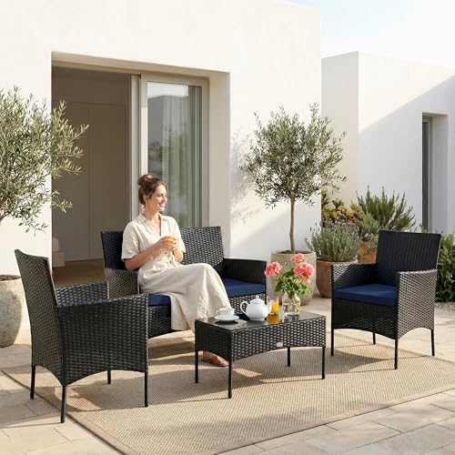 Image of OUTLIVING Outdoor 4 Seater Sofa Set || Patio Furniture Sets || Balcony Sofa || Indoor Sofa || Wicker Rattan Garden Sofa Set with Cushion and Center Table (Black /Navy Blue)