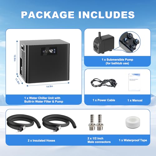 Ice Bath Water Chiller for Cold Plunge Tubs, 1/3HP Upgraded Cold Plunge Chiller with Built-in Pump & Filter, Submersible Pump, Insulated Hoses, Ideal for Cold Therapy Recovery Ice Bath Tubs 110V - Thumbnail 7