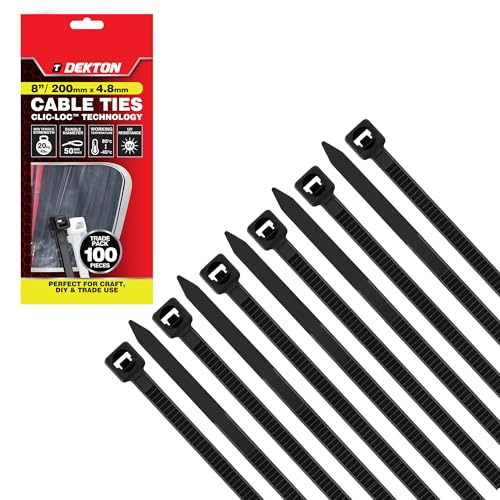 Image of Dekton 100PC Cable Tie Set - 4.8MM X 200MM Black | Heavy Duty Industrial Strength | High Temperature Resistant | Self-Locking Teeth | Ideal for Cables, Piping, Gardening & Wires | Indoor & Outdoor Use
