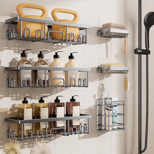 Image of Veken Shower Caddy 6-Pack, No Drilling & Rustproof, Waterproof Adhesive Shelves Rack with Soap Holder, Large Capacity Bathroom Organizers and Storage, Wall-Mounted Kitchen & Home Decor, Silver Gray