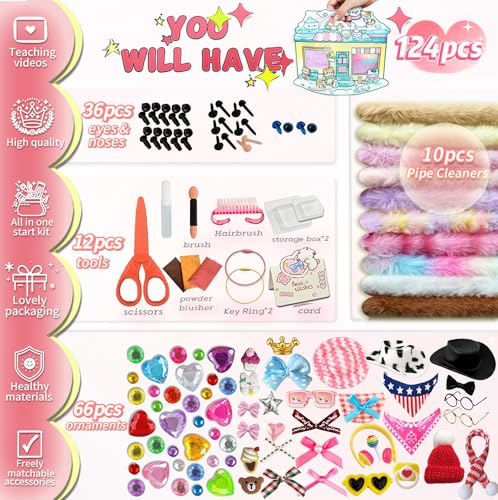 124 Pcs Fuzzy Pipe Cleaner Craft Supplies Kit, 39inch Large Pastel Thick Fluffy Jumbo Fur Chenille Stems with Decorative Accessories. Creative DIY Animals Dog Puppy. Good for Gift.