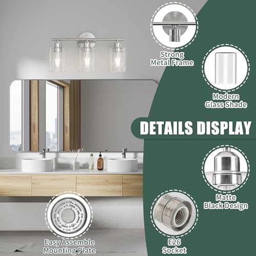 Image of Bathroom Vanity Light Fixtures Brushed Nickel, 3 Lights Bathroom Over Mirror, UL Certified, Modern Wall Lighting Fixtures with Glass Shade, E26 Socket