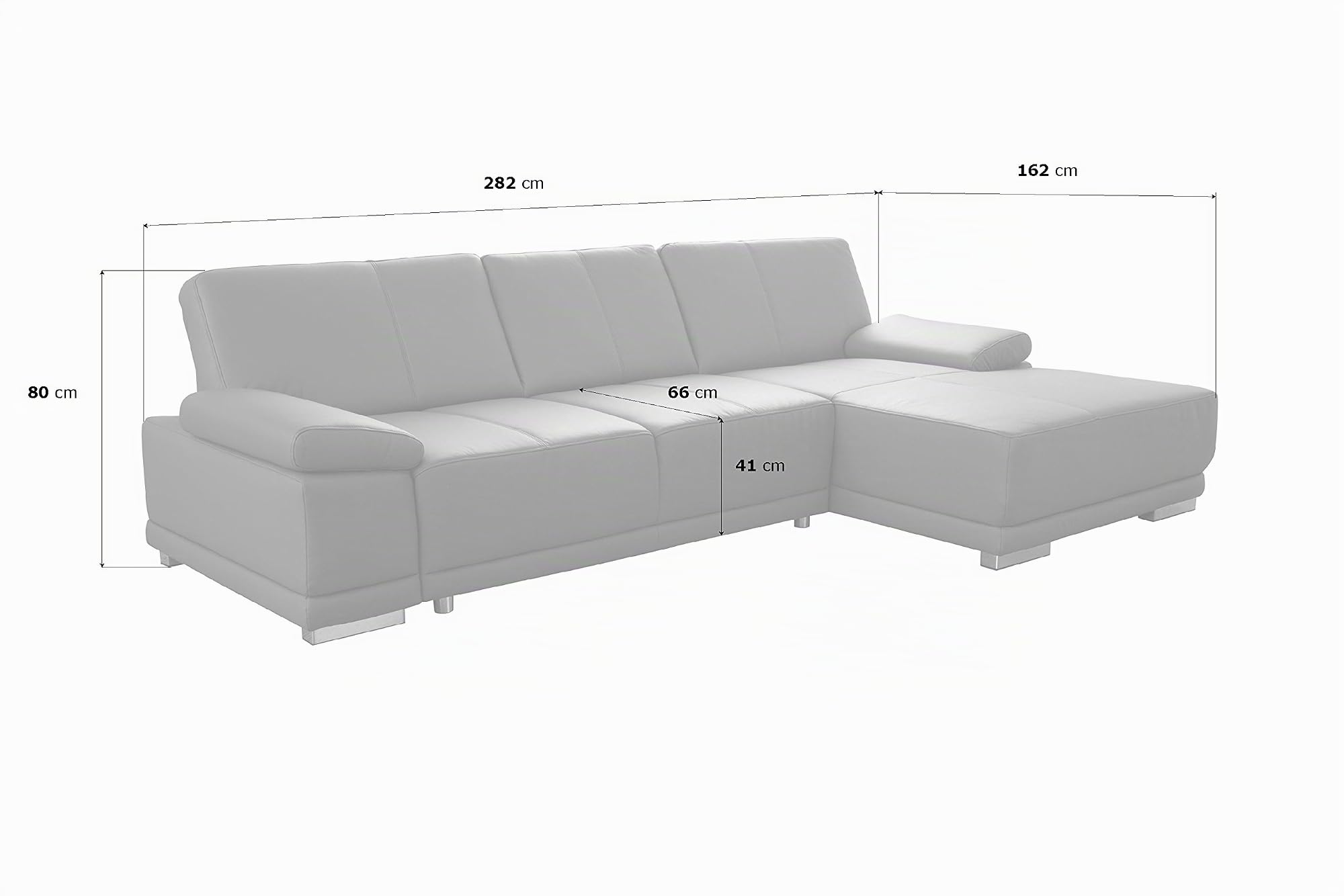 CAVADORE Ecksofa Corianne in Lederoptik / Couch inkl. Armteilverstellung und Longchair in modernem Design / 282 x 80 x 162 / Kunstleder, schwarz
