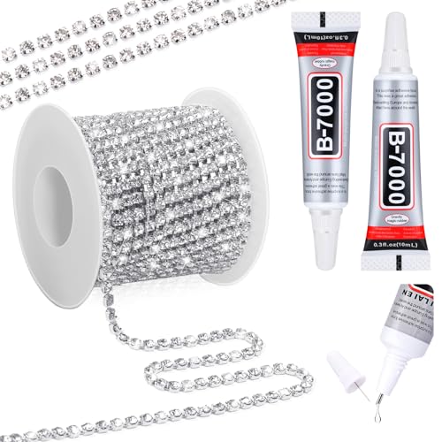 Crystal Rhinestone Close Chain Trim with B7000 Jewelry Glue, 11 Yards 4MM Silver with Clear Beads B-7000 Glue Rhinestones Chain for Crafts Sewing DIY Jewelry Wedding Decoration Sewing Beaded Trim