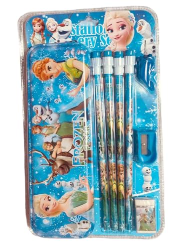 Image of Kidox Stationery Set for Kids- Birthday Gift for Girls, Boys - Metal Geometry Box for Girls & Boys Kids Pencil Box Set, Pencil Case Set, Pencil, Erasers, Sharpener for Children (Frozen)