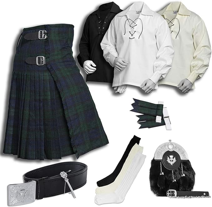 BELGLY Scottish Kilt for Men - 08 Pcs Kilt Accessories for Men, Scottish Outfit, Black Watch 40'' — image 1
