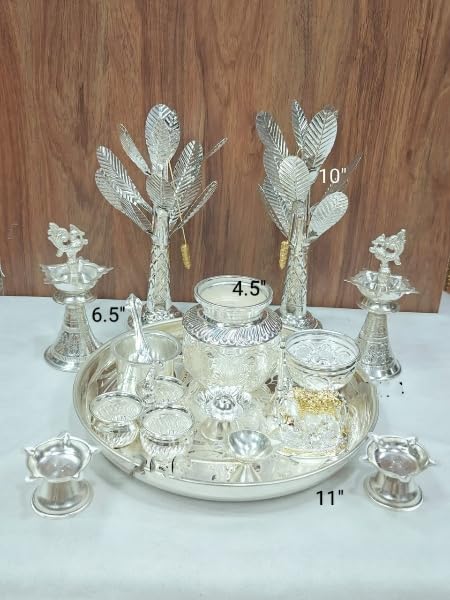 indiancraftsbykanika German Silver Big Pooja Combo with Banana Tree Set for Diwali/Housewarming