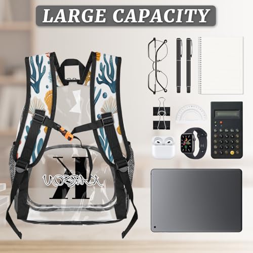 Personalized Small Clear Backpack Stadium Approved Heavy Duty PVC Plastic Custom Starfish and Seashells Transparent Backpacks See Through Bag with Name, Beach Coastal Nautical3