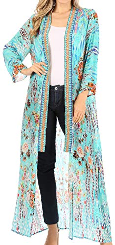 Image of Sakkas Iona Women's Casual Boho Long Kimono Cardigan Open Front Floral Print Loose