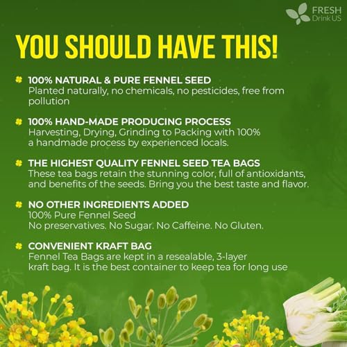 Image of FreshDrinkUS, Premium 75 Fennel Seed Tea Bags - 100% Natural & Pure, Handmade Herbal Tea, Eco-Friendly, Fresh Aroma, Made with Natural Material Tea Bags. No Sugar, No Caffeine, No Gluten, Vegan.