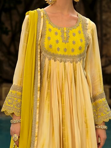 Image of INDO ERA Women's Silk Crepe Floral Embroidered A-Line Kurta & Pant with Dupatta Set (IEOUT161)