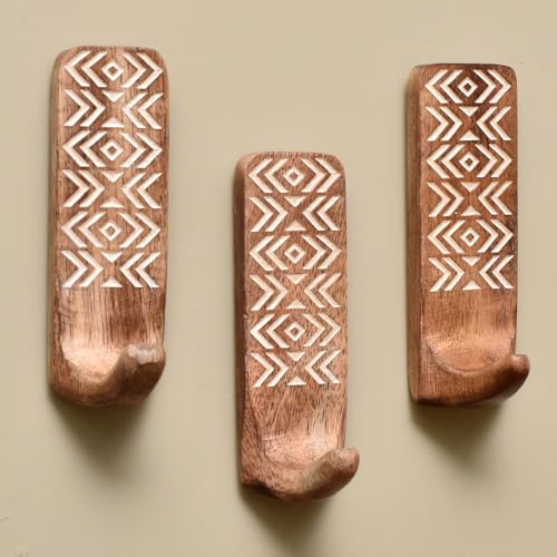 Image of Indian-Shelf Decorative Wood Adhesive Wall Hooks for Keys, Towels, 3 Hooks