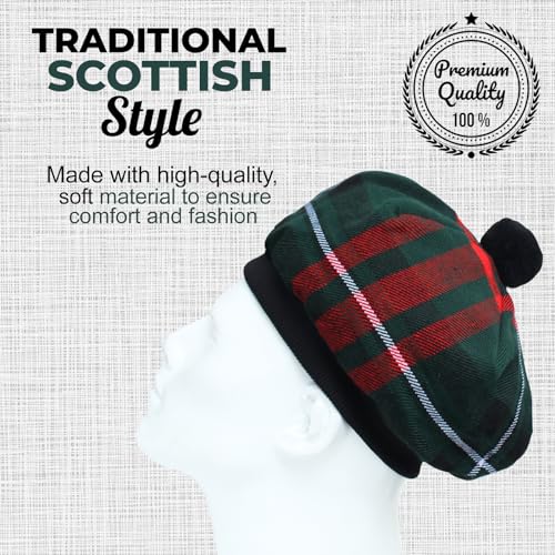 Image of Scottish Tam O' Shanter Hat Tartan Bonnet Pom Pom Wool Flat Cap One Size