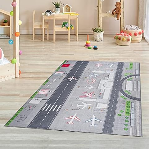 Pasha Home Kinderteppich Flughafen 160x230 cm/Spielteppich Flughafen aus Polyester- & Flanellfasern/Spielteppich mit Flughafen waschbar/Teppiche fürs Kinderzimmer antirutsch & schmutzabweisend Cover